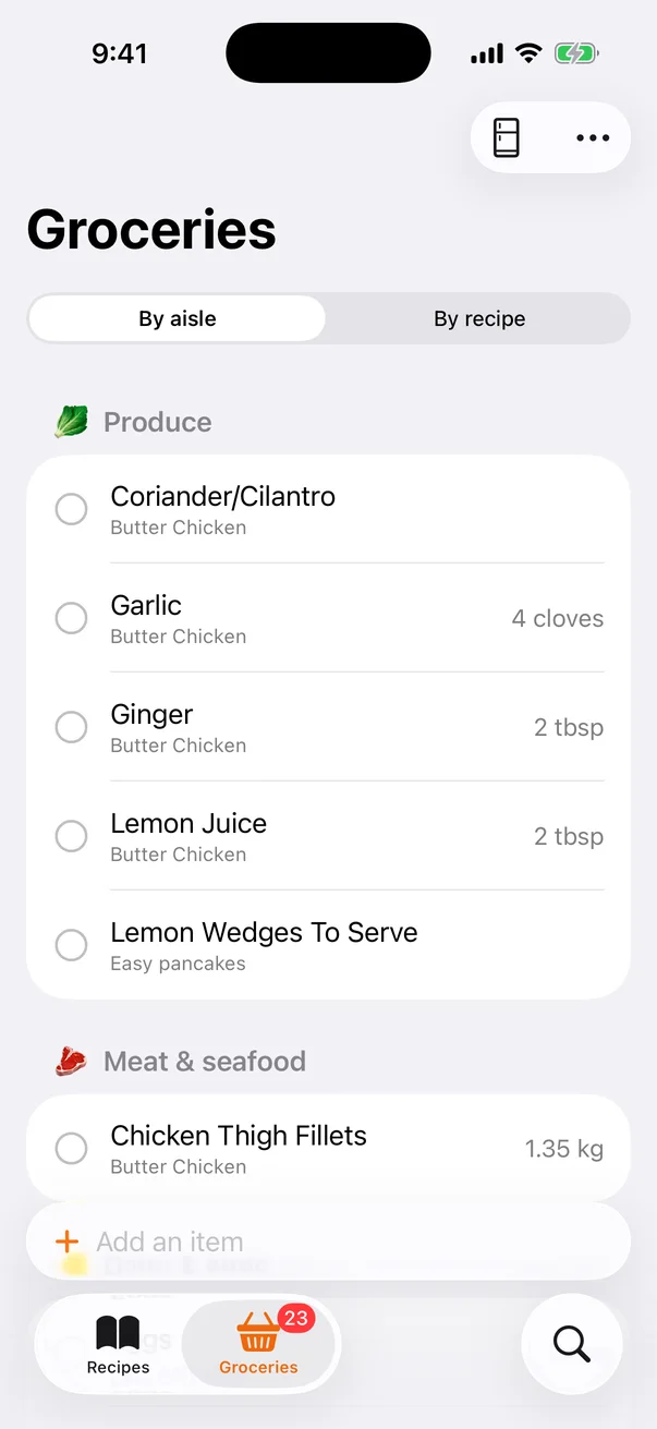 Grocery list sorted by aisle